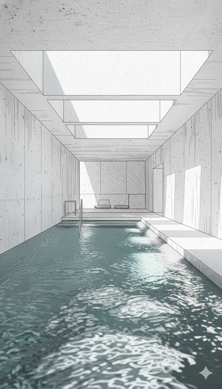 Architectural sketch of Hamaria Club luxury wellness center interior featuring modern spa facilities and regenerative therapy spaces in Madrid